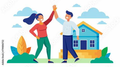 A couple highfiving after successfully paying off their mortgage early with the guidance and tools provided by their bank.