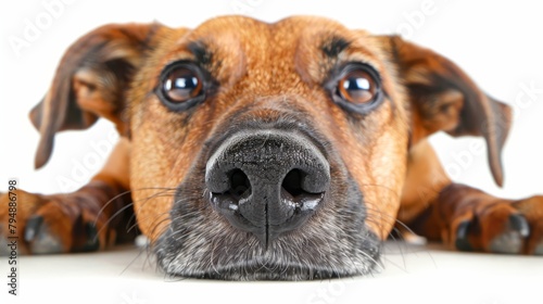   A tight shot of a dog's face Nose touches the ground  eyes meet the camera © Mikus