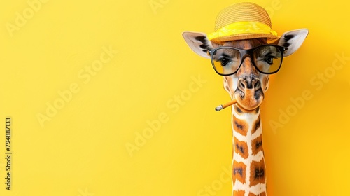  A giraffe donning a hat and glasses, holding a cigarette on a vibrant yellow backdrop