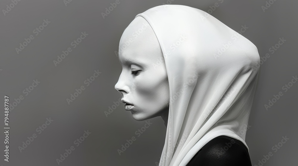 A monochrome image of a mannequin's head adorned with a white veil A monochrome image of a mannequin's head adorned with a white veil