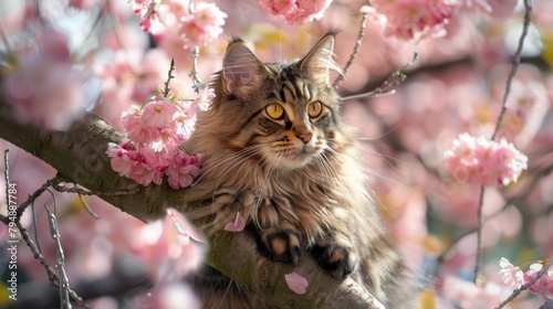 A majestic Maine Coon cat perched on a low-hanging branch of a cherry blossom tree, gazing regally at the pink petals fluttering around it. 