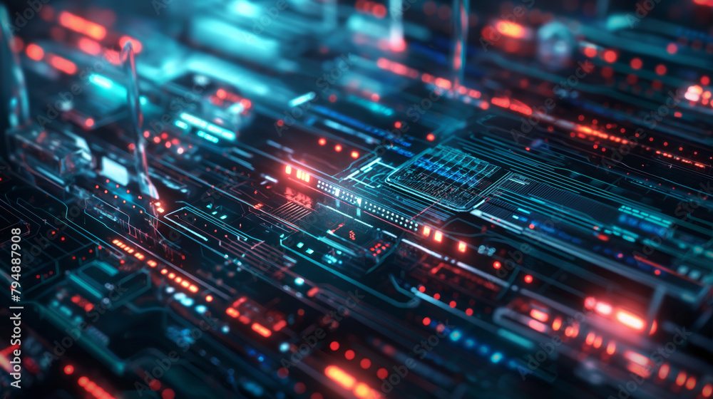 A highly detailed image of a digital circuit board with glowing red and blue lights, providing a sense of innovation and technological advancement