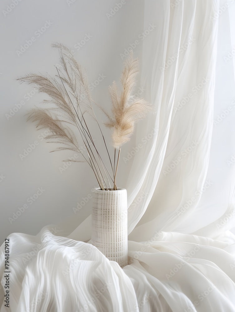 Boho backdrop , Single dried pampas grass stem placed inside a textured white vase. Boho backdrop , Single dried pampas grass stem placed inside a textured white vase.