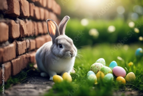 'easter hunt green brick field sitting spring cute egg meadow wall bunny rabbit background grass basket happy holiday pet animal white nature little colourful beautiful small young celebration hare' photo
