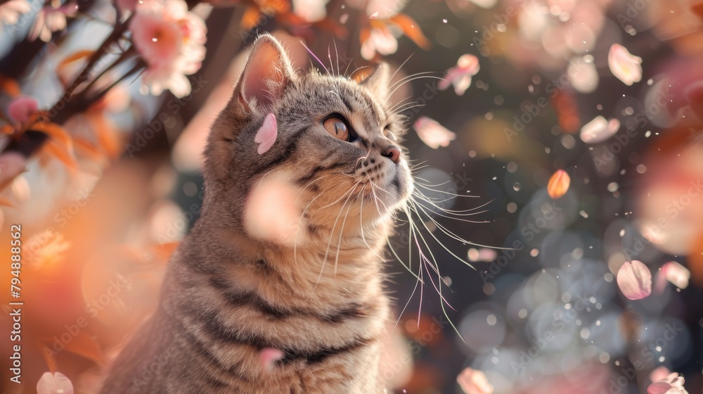A Scottish Fold cat with folded ears, sitting patiently beneath a cherry blossom tree, observing the petals fall gently around it