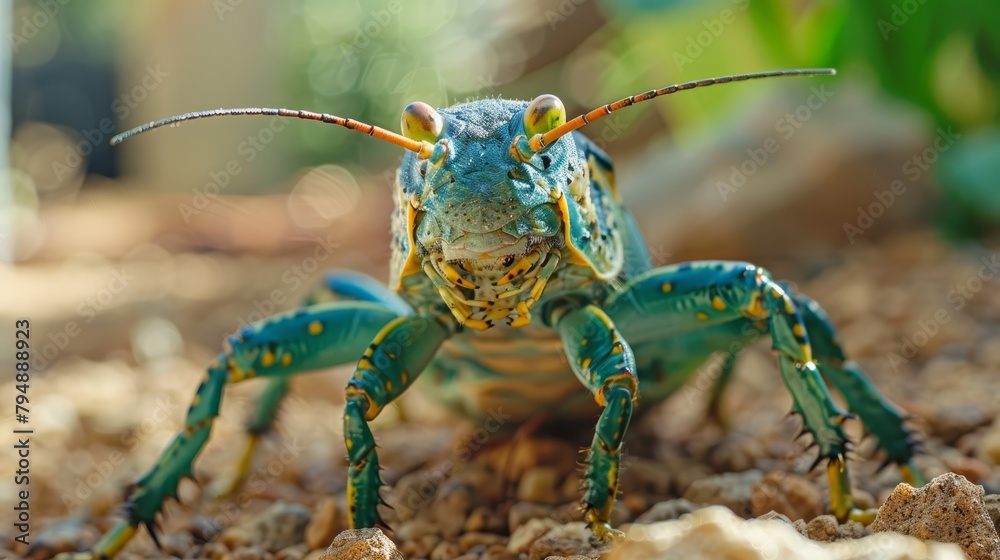 Fototapeta premium A tight shot of a blue-and-yellow insect on the ground Background softly depicts grass and rocks