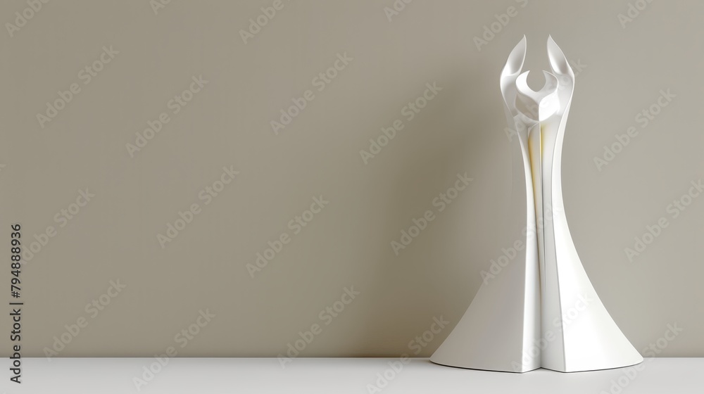 A white sculpture atop a pristine table, adjacent to a vase filled with golden yellow liquid A white sculpture atop a pristine table, adjacent to a vase filled with golden yellow liquid
