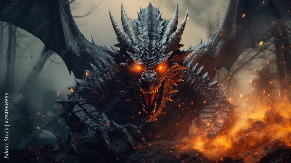 Obraz premium A huge aggressive mystical dragon