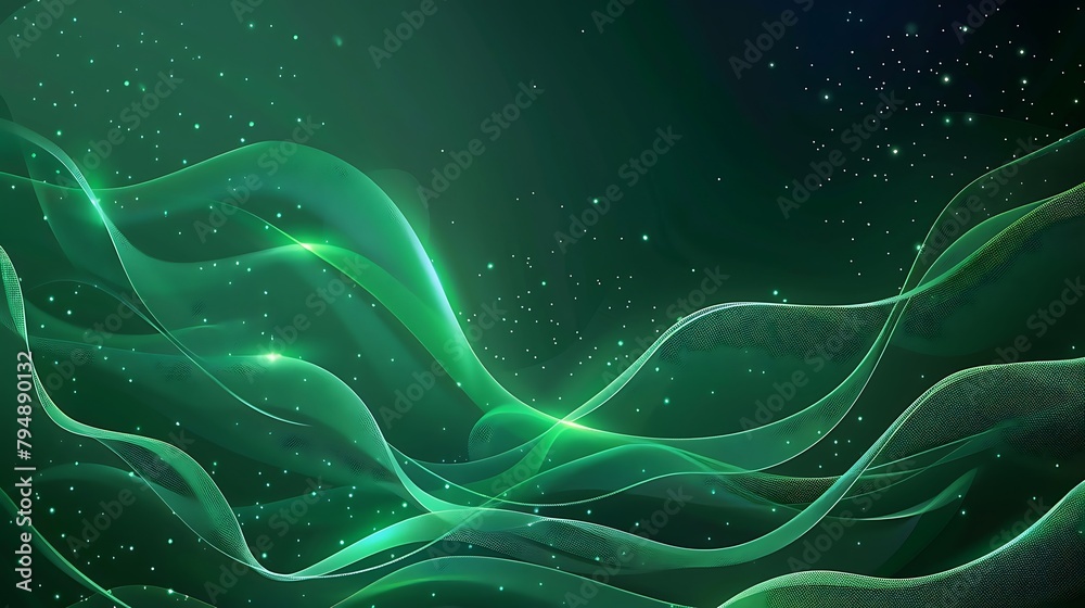 Luxury green background with wave glowing green lines lighting effect sparkle. premium award ceremony design. Generative Ai
