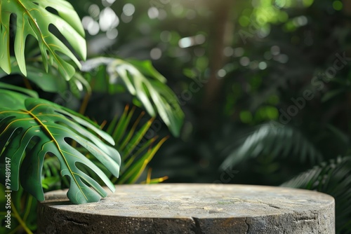 Stone podium table top floor on outdoors blur monstera tropical forest plant nature background.Organic healthy natural product placement pedestal display spring or summer jungle - generative ai