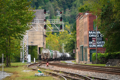 A Train Headed Through the Boomtown of Thurmond in Fayette County, West Virginia photo