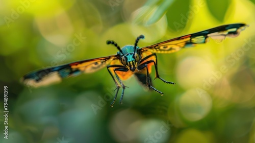 A Stunning close-up image of a flying insect. It shows off its delicate wings and intricate patterns in mesmerizing detail.