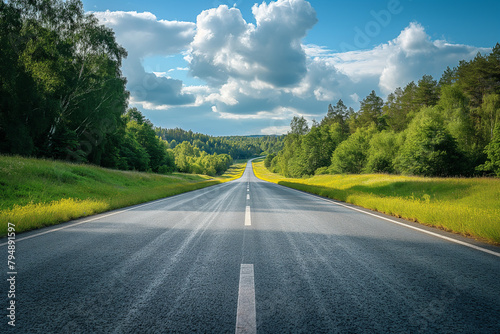 The straight highway stretches into the distance through forests and meadows.