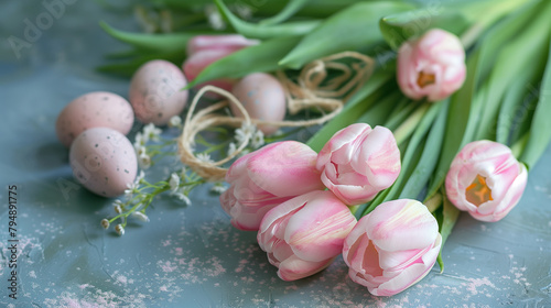A beautiful arrangement of pink tulips and Easter eggs displayed on a table  showcasing the beauty of flowering plants and natural foods