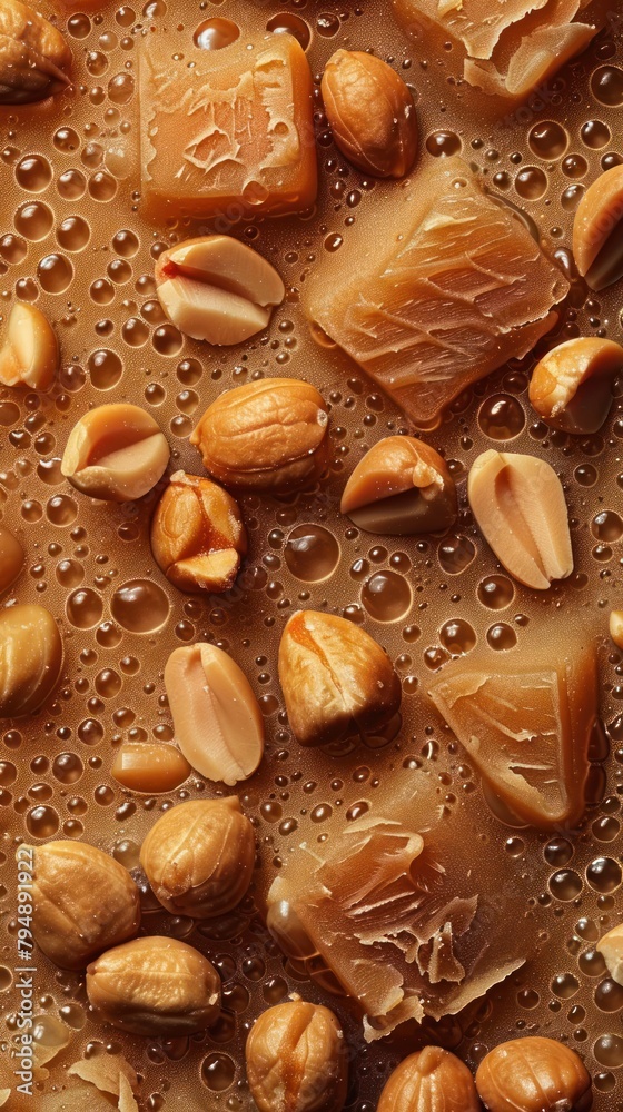 Close up view of caramel and peanuts placed on a flat surface with water droplets visible