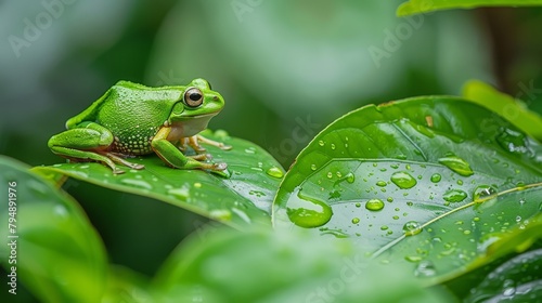  A green frog sits on a leaf, adorned with water droplets on its back and head
