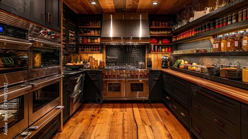 kitchen with professional range, double ovens, and spice racks