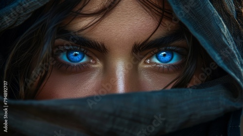  A woman with blue eyes is shown in a close-up, wearing a blue scarf that covers her face