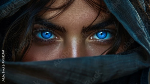   A woman with blue eyes is shown in a close-up, wearing a blue scarf that covers her face