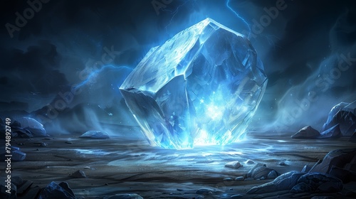   A sizeable iceberg, situated in a rocky expanse, emits a brilliant blue light from its core photo