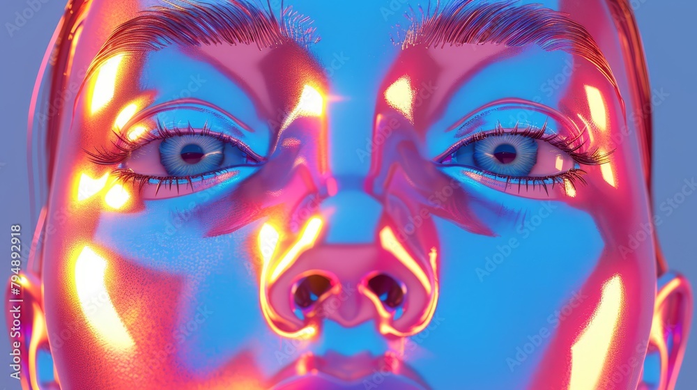   A woman's face, lit closely by bright pink and blue hues, her eyes gleaming blue beneath the radiant glow