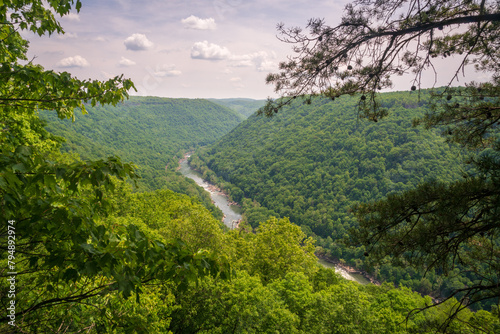 An Overlook of the River at New River Gorge National Park and Preserve in southern West Virginia in the Appalachian Mountains