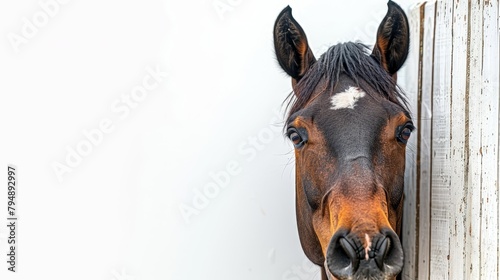   A brown and black horse sticks its head out of the barn door, nostrils hanging over the edge photo