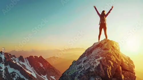 A woman standing on top of a mountain