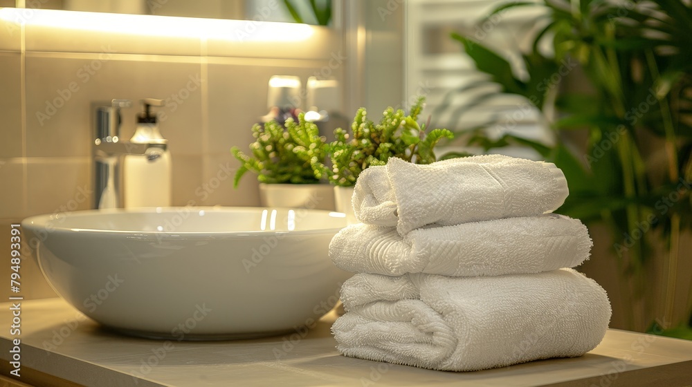Clean and organized hotel bathroom with a focus on hygiene and detail Clean and organized hotel bathroom with a focus on hygiene and detail