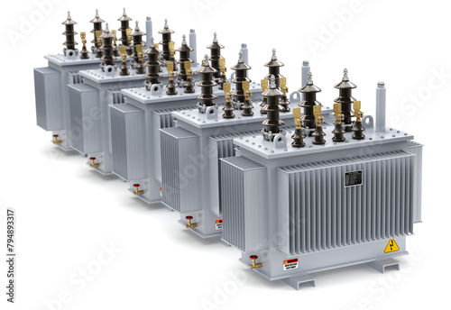 Row of high voltage transformer - 3D illustration
