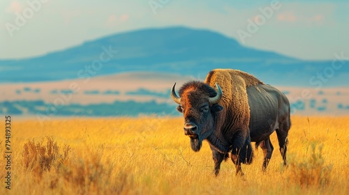 A bison walks gracefully through the grasslands of the Maasai Mara National Park. With towering mountain ranges in the background, African forests, vast savannah landscapes. photo
