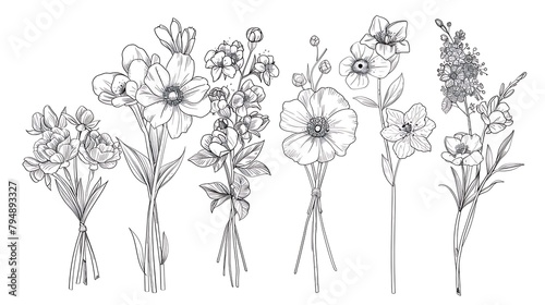 One line drawing flower bouquets. Hand drawn floral romantic arrangements with different flowers, botanical sketch collection. Generative Ai