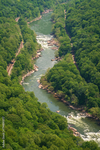 View of Whitewater Rafters at New River Gorge National Park and Preserve in southern West Virginia in the Appalachian Mountains