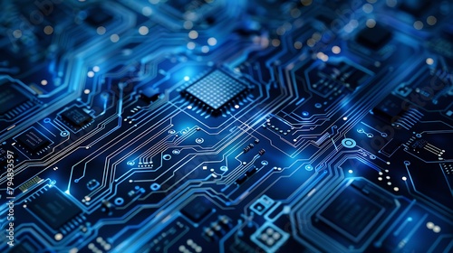 Modern technology circuit board texture background design. Waves flow. Quantum explosion technology. Quantum computer technologies concepts. Futuristic blue circuit board background. Generative Ai