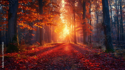 A forest path is lined with red leaves and the sun is shining through the trees