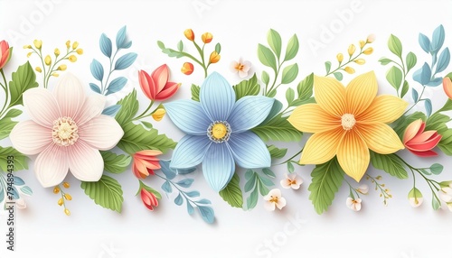 Seamless textile floral border on white background