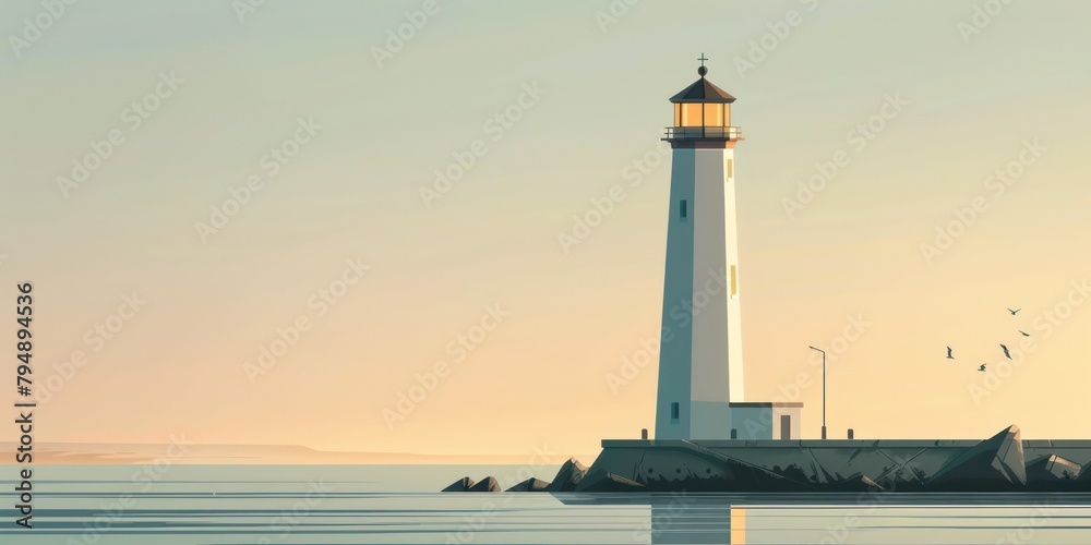 Lonely lighthouse on a rocky shore. Minimalistic flat illustration Lonely lighthouse on a rocky shore. Minimalistic flat illustration