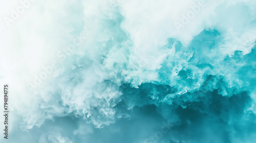 This image shows an ethereal turquoise colored smoke, expanding into a cloudy formation, isolated on white background