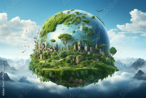 Illustration of a thriving planet Earth with a lot of greenery and foliage. Generative Ai.   © belyaaa