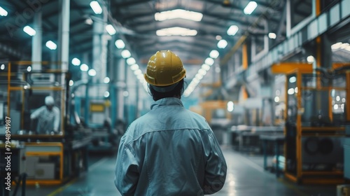 A man in a white shirt and yellow helmet stands in a large industrial building