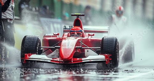 Capture the thrilling moment as a Formula 1 car overtakes its rival on a rain-soaked track, spraying water in its
