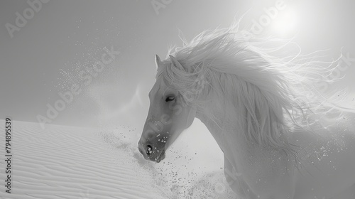  white horse in snow, sun illuminating clouds behind