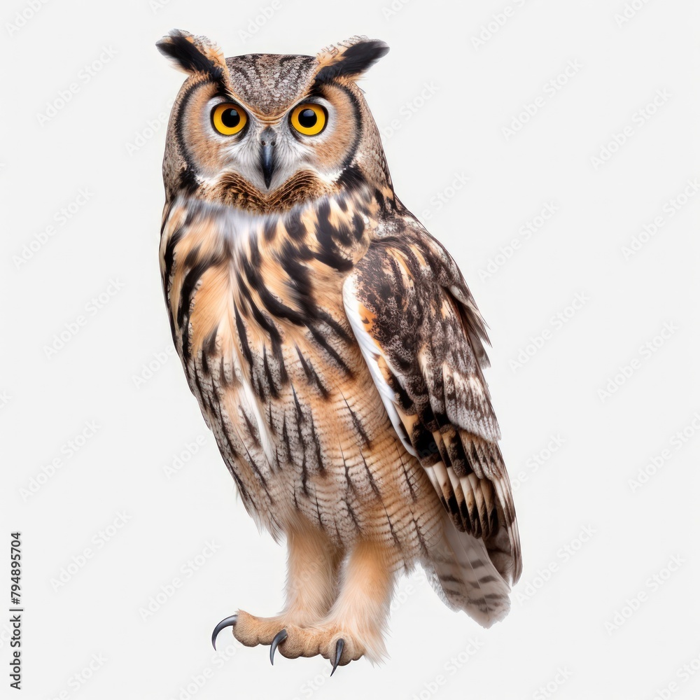 Close-up of an owl against a white background. Close-up of an owl against a white background.