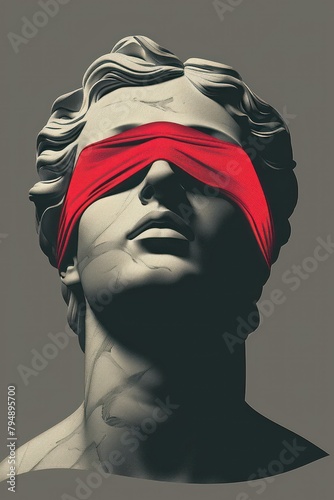 Greek statue with a red blindfold. Modern art surrealism