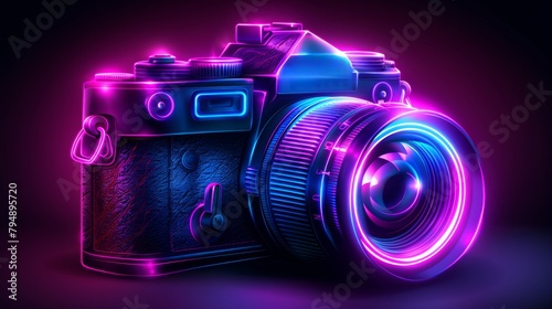 Illustrate a neon light sculpture of a vintage camera, capturing the essence of photography with vibrant colors and intricate details.