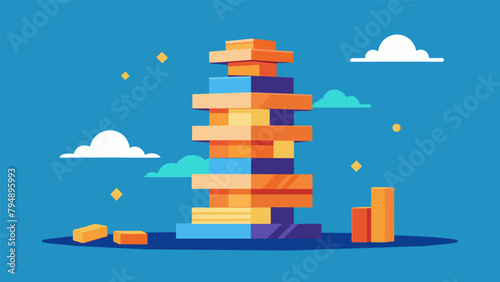 A game of Jenga with each block representing a compounding interest payment that adds stability and makes the tower grow taller.