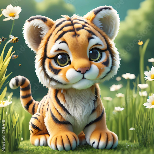 3d rendering cute baby tiger with flowers and nature background