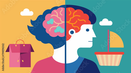 A splitscreen image of a persons brain while shopping one half showing increased activity in the emotional center and the other in the rational