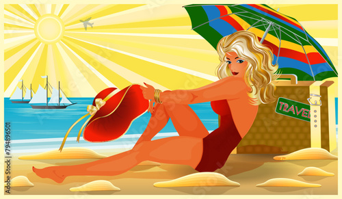 Pinup blond girl with bag, travel card, vector illustration