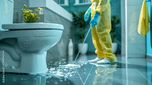 Professional cleaner disinfecting a modern toilet with gloves on photo